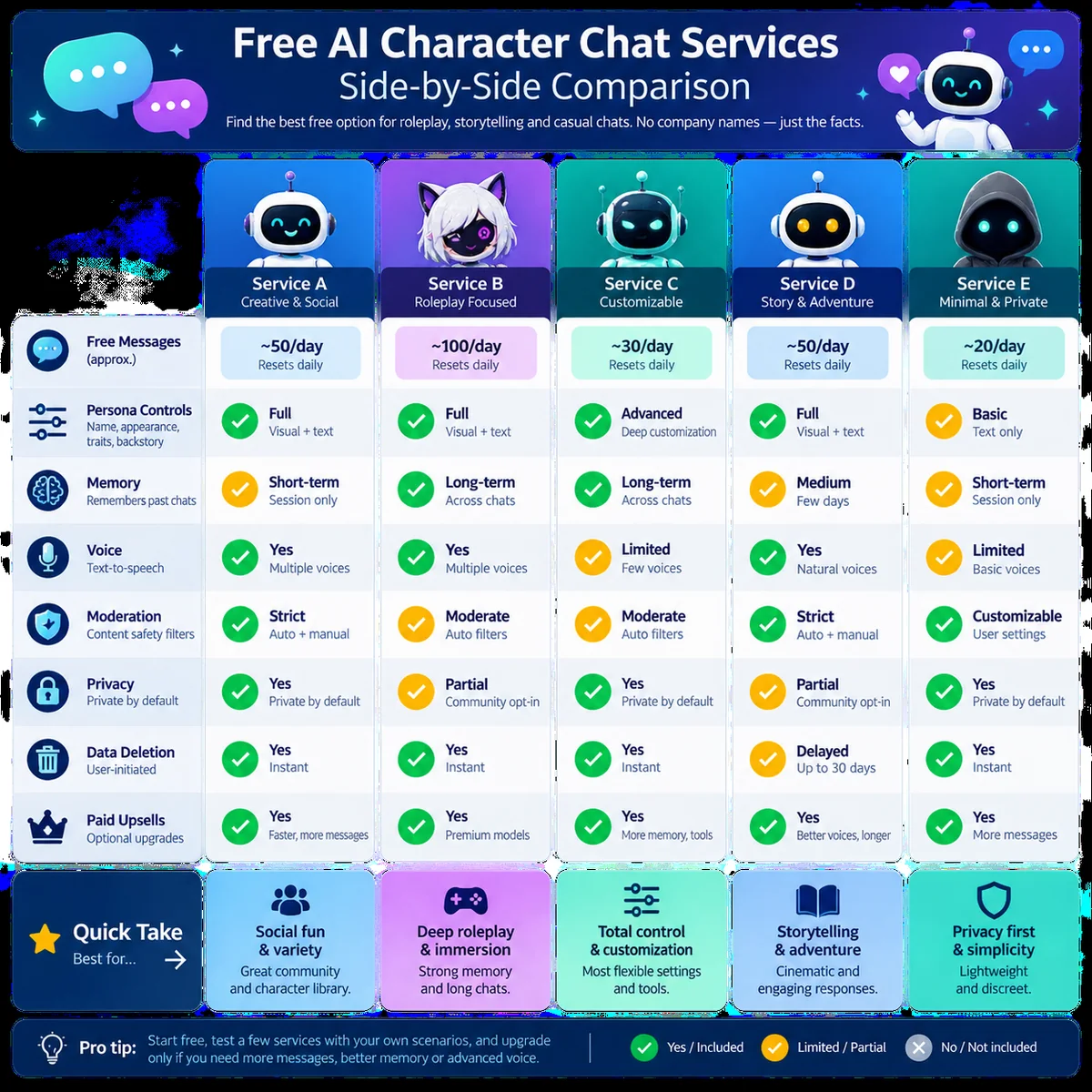 Neutral comparison criteria for free AI character chat services