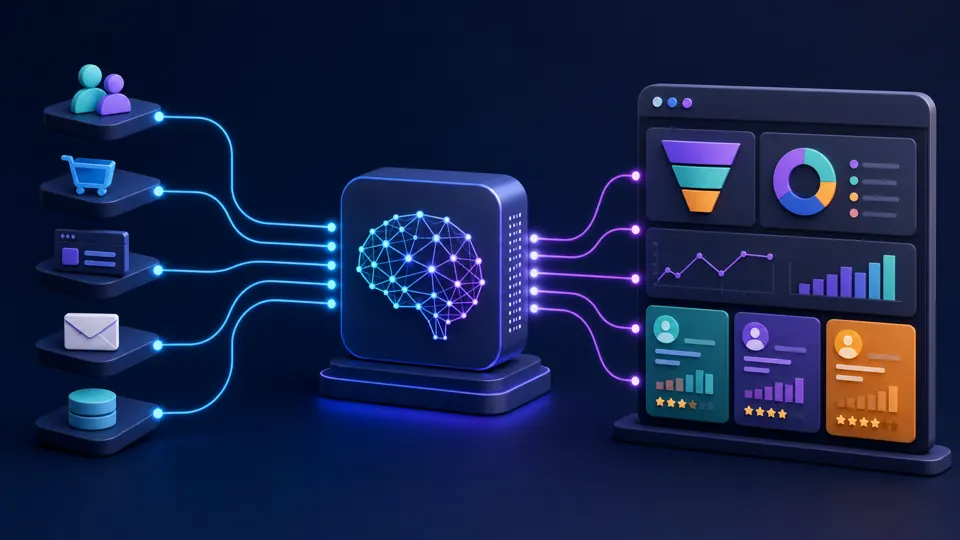 Illustration of data flowing through an AI prediction engine into a marketing dashboard