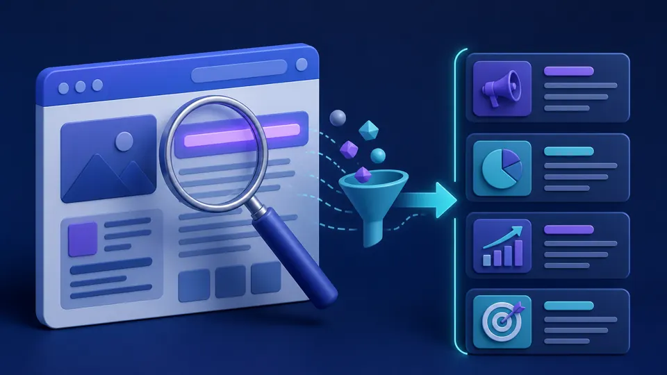 Abstract illustration of title-focused search filtering and result cards