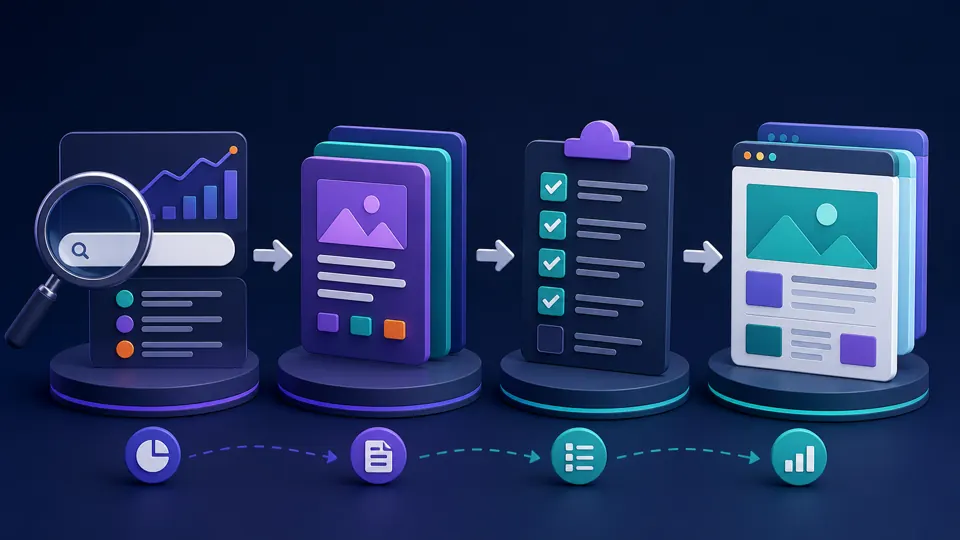 Illustration of a responsible SEO workflow from search research to publishing