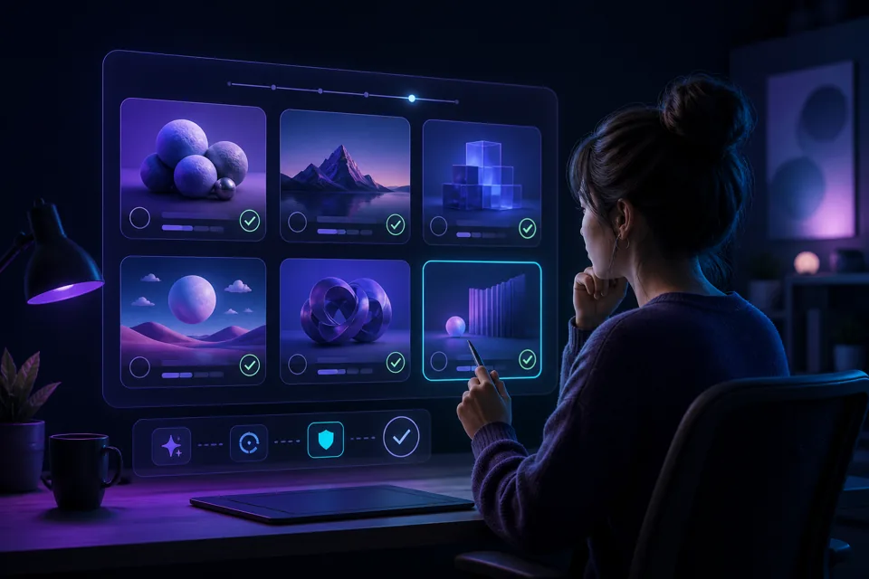 Creator reviewing AI-generated visual assets before approval
