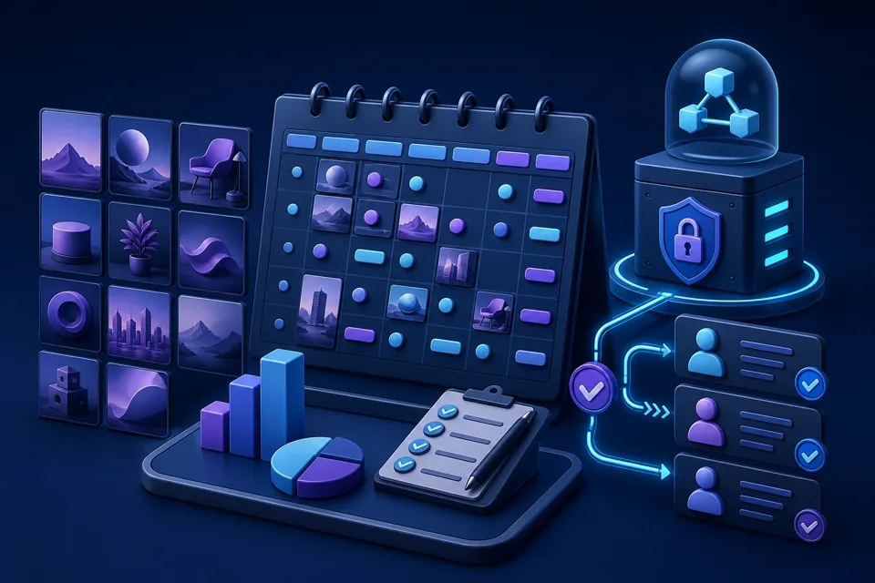 Illustration of organized creative production planning and secure approvals