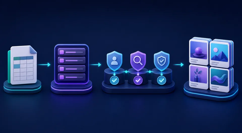 Illustration of a CSV-to-creative-assets automation workflow