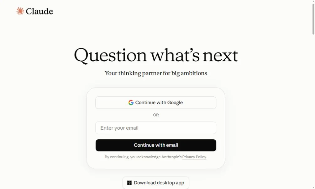 Claude AI official sign-in and product plans interface
