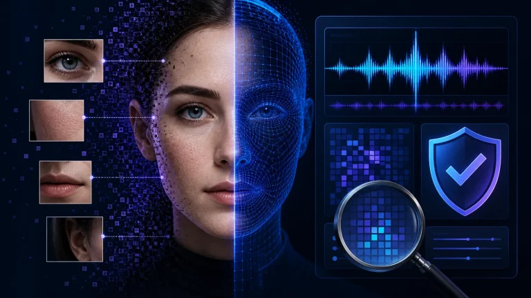 Synthetic face and forensic verification interface illustrating deepfake AI