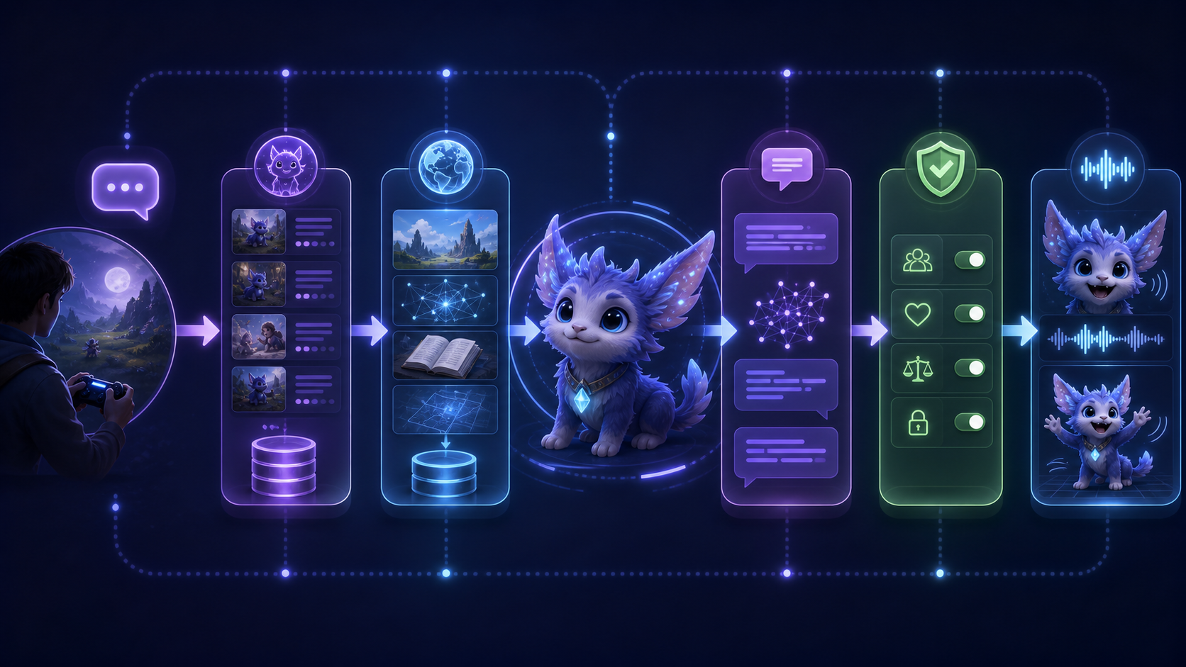 Generative AI game character pipeline from player input to memory, dialogue, safety and voice