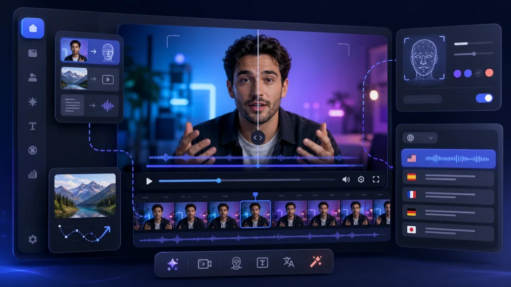 AI video generation workspace illustrating Vidqu face swap and translation features