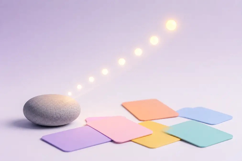 Creative answer cards and a rock representing a word game streak
